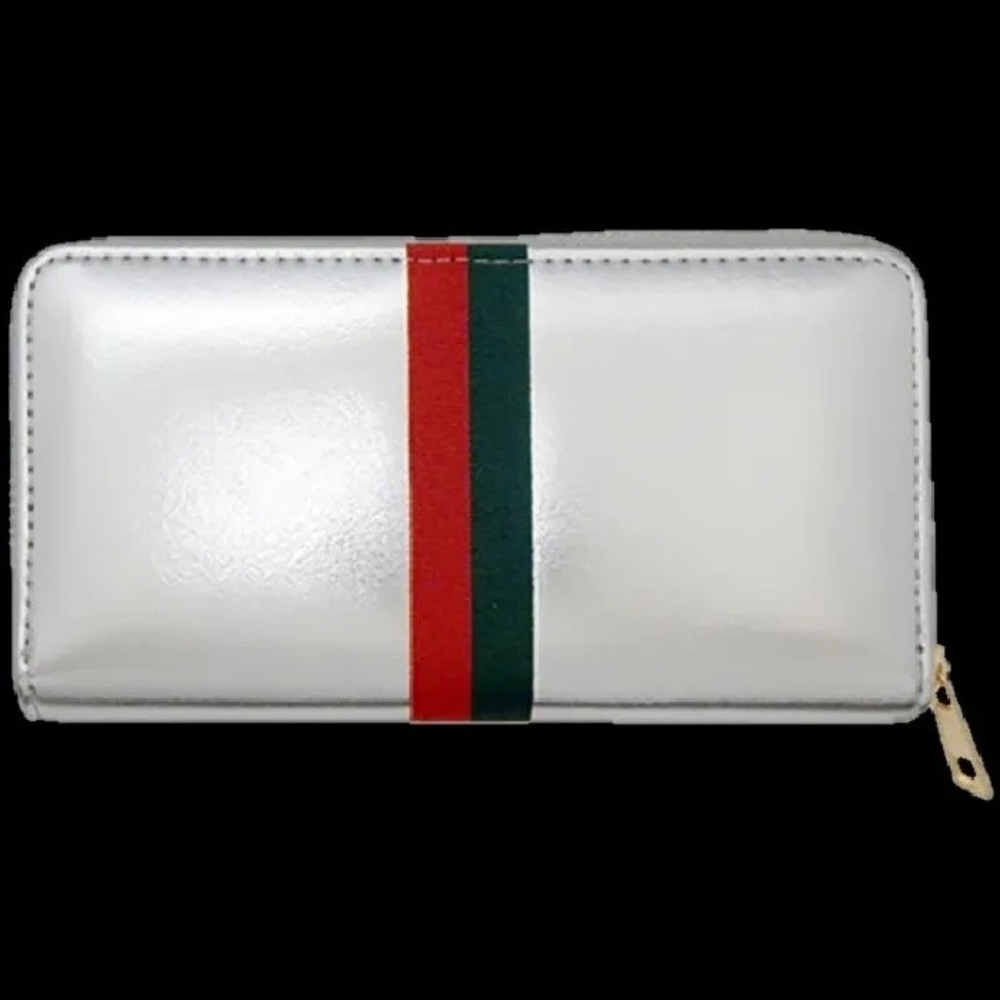 New Green Red STRIPED Silver Faux Leather Italian Designer WALLET Clutch Bag
